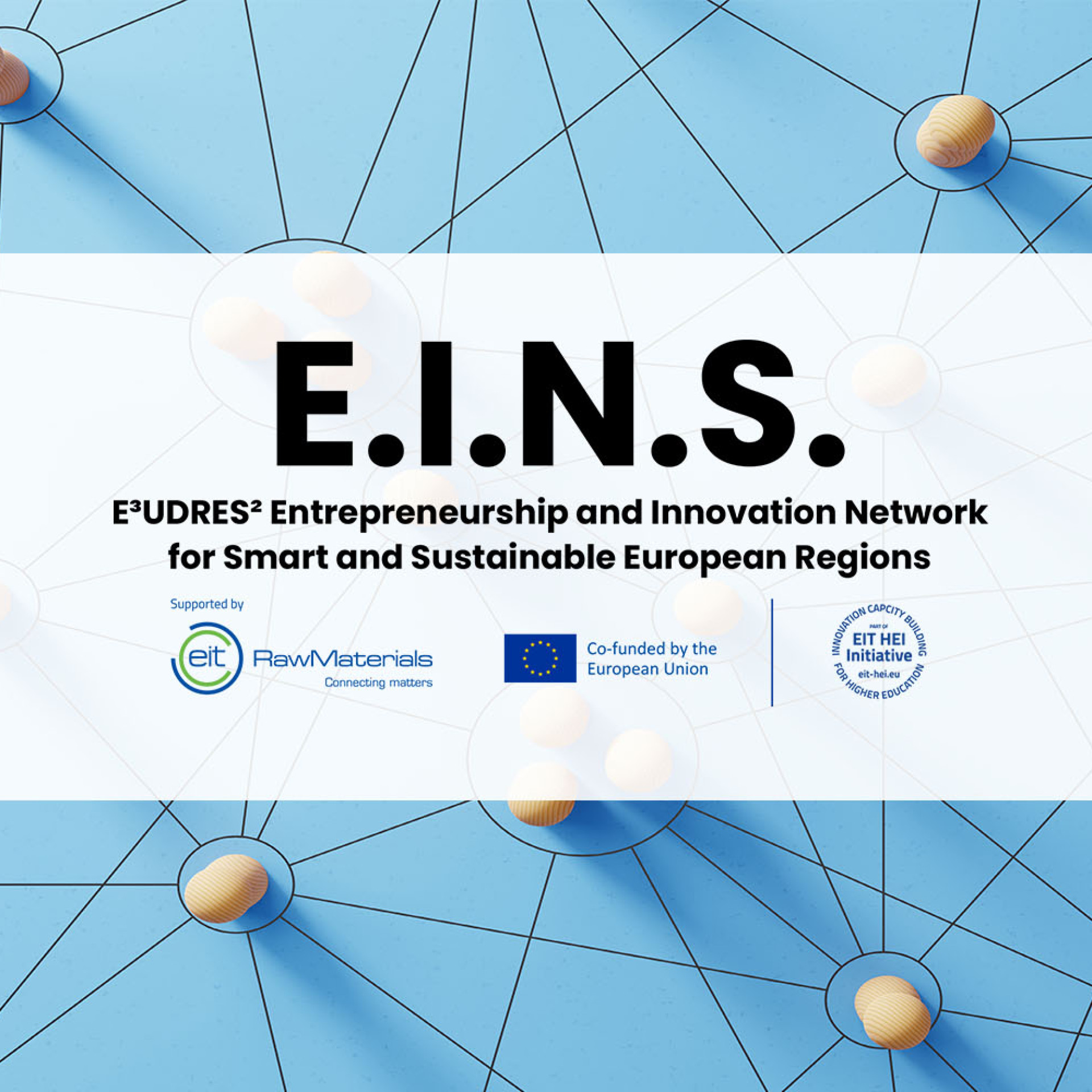 Network of wooden figures on a blue background with text: “E.I.N.S. – E³UDRES² Entrepreneurship and Innovation Network for Smart and Sustainable European Regions,” alongside EU and EIT logos.