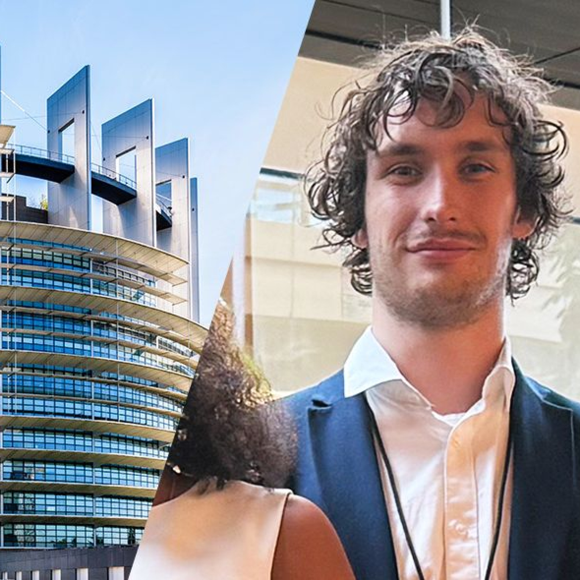 A picture of the European Parliament in Strasbourg, next to it students Jarno Meul and Lily Rijnberg from Saxion UAS.
